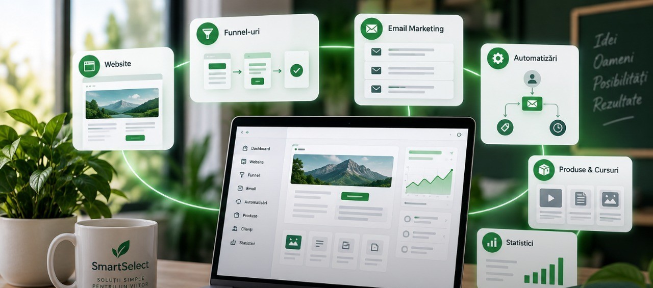 Ilustrație cu laptop, pagină web, e-mail marketing și automatizări pentru o afacere online
